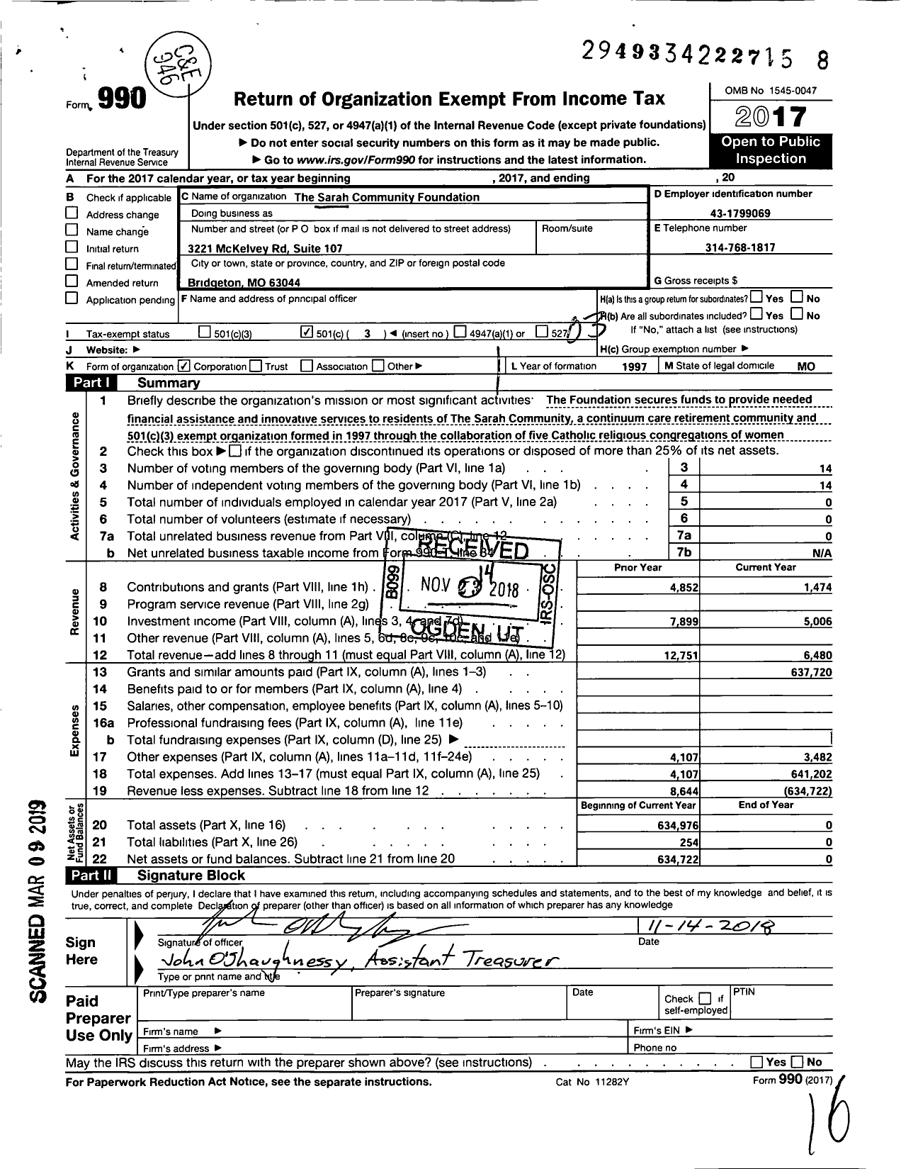 Image of first page of 2017 Form 990 for Sarah Community Foundation