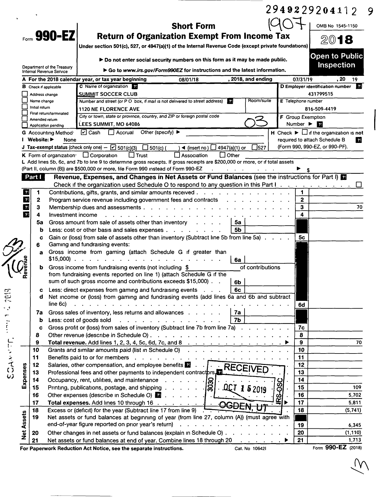 Image of first page of 2018 Form 990EZ for Summit Soccer Club