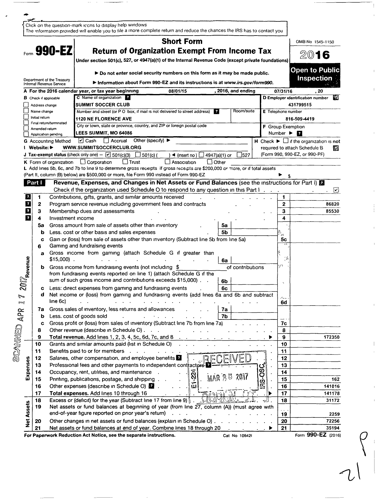 Image of first page of 2015 Form 990EZ for Summit Soccer Club