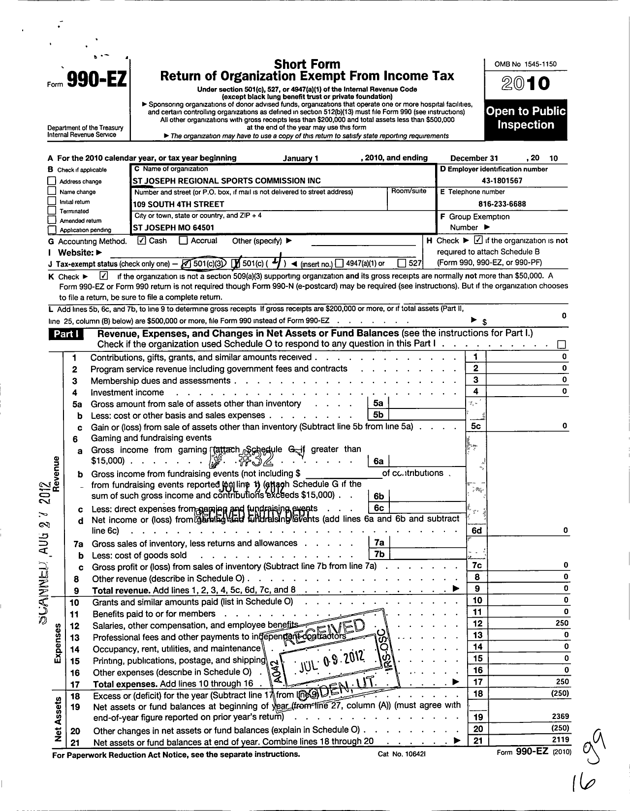 Image of first page of 2010 Form 990EO for St Joseph Regional Sports Commission