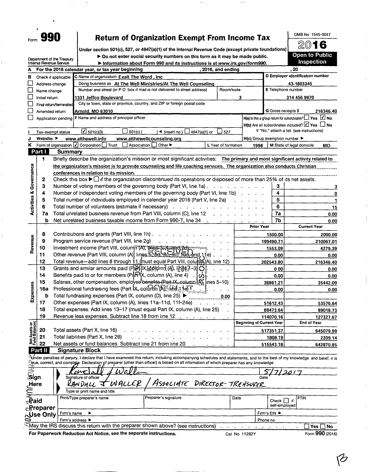 Image of first page of 2016 Form 990 for At The Well Counseling