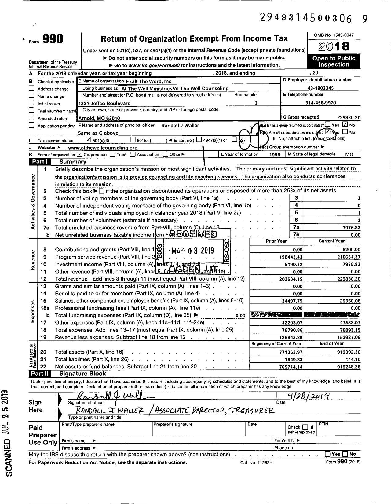 Image of first page of 2018 Form 990 for At The Well Counseling