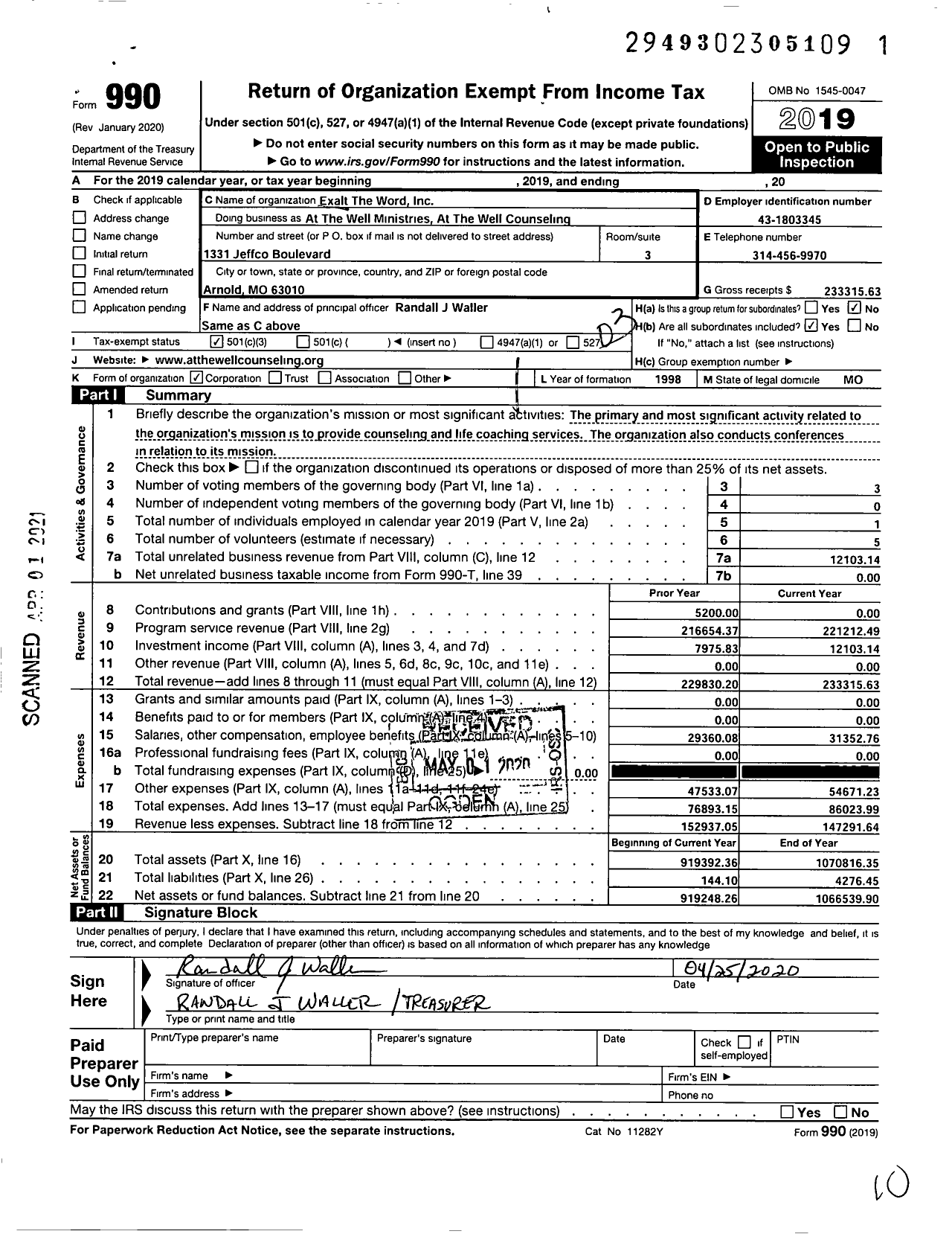 Image of first page of 2019 Form 990 for At The Well Counseling