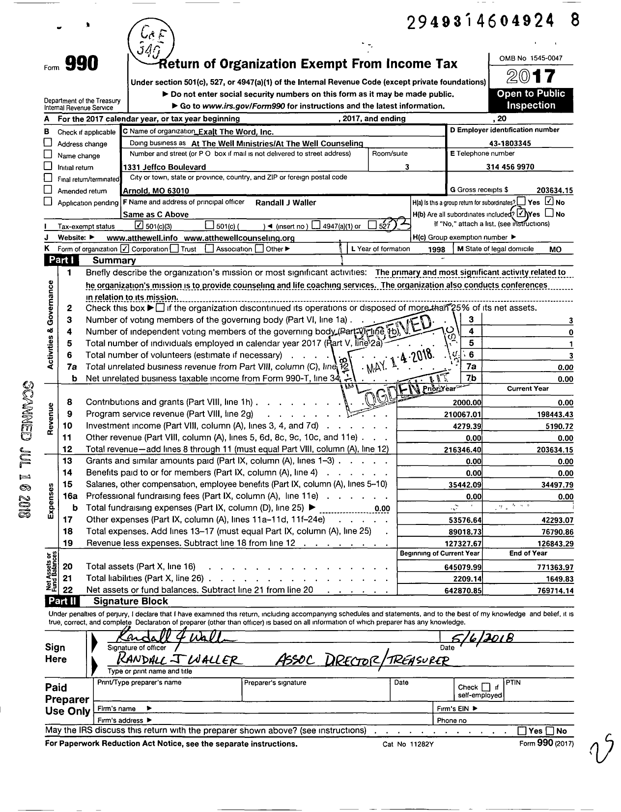 Image of first page of 2017 Form 990 for At The Well Counseling