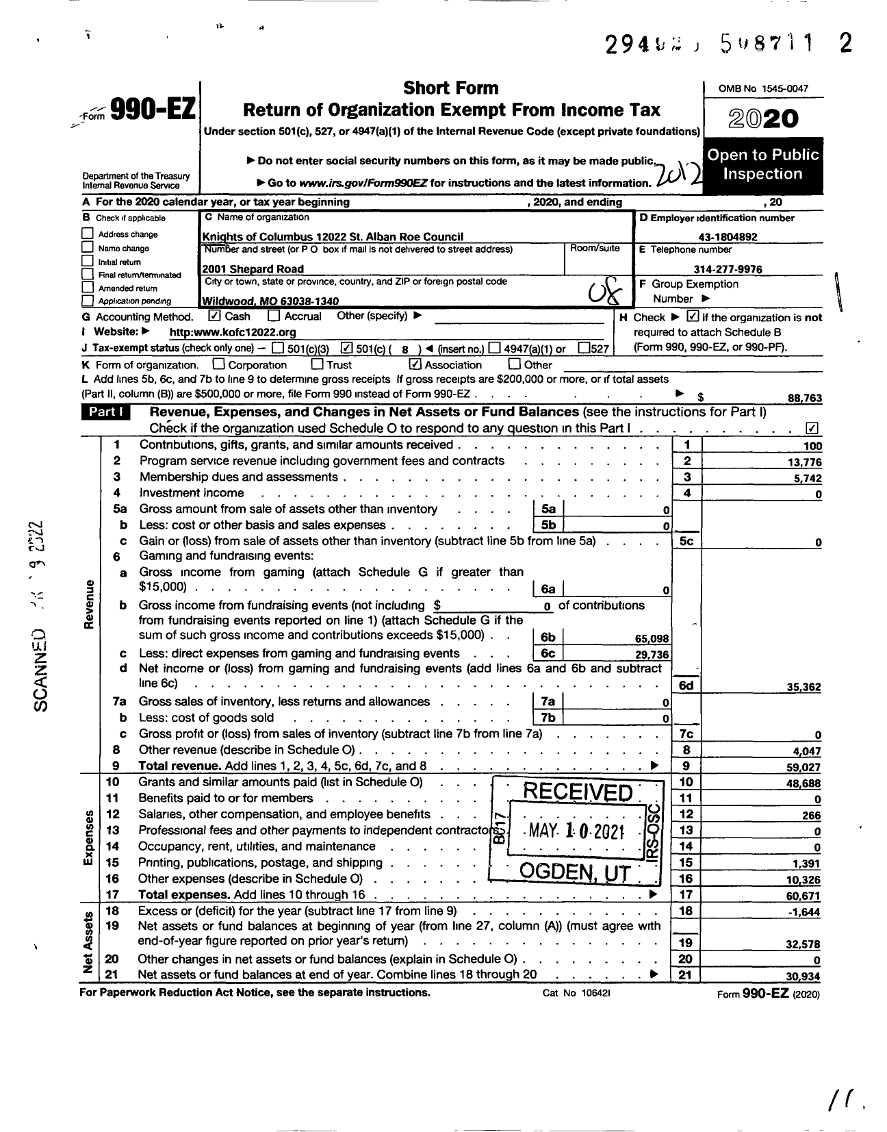 Image of first page of 2020 Form 990EO for Knights of Columbus - 12022 St Alban Roe Council