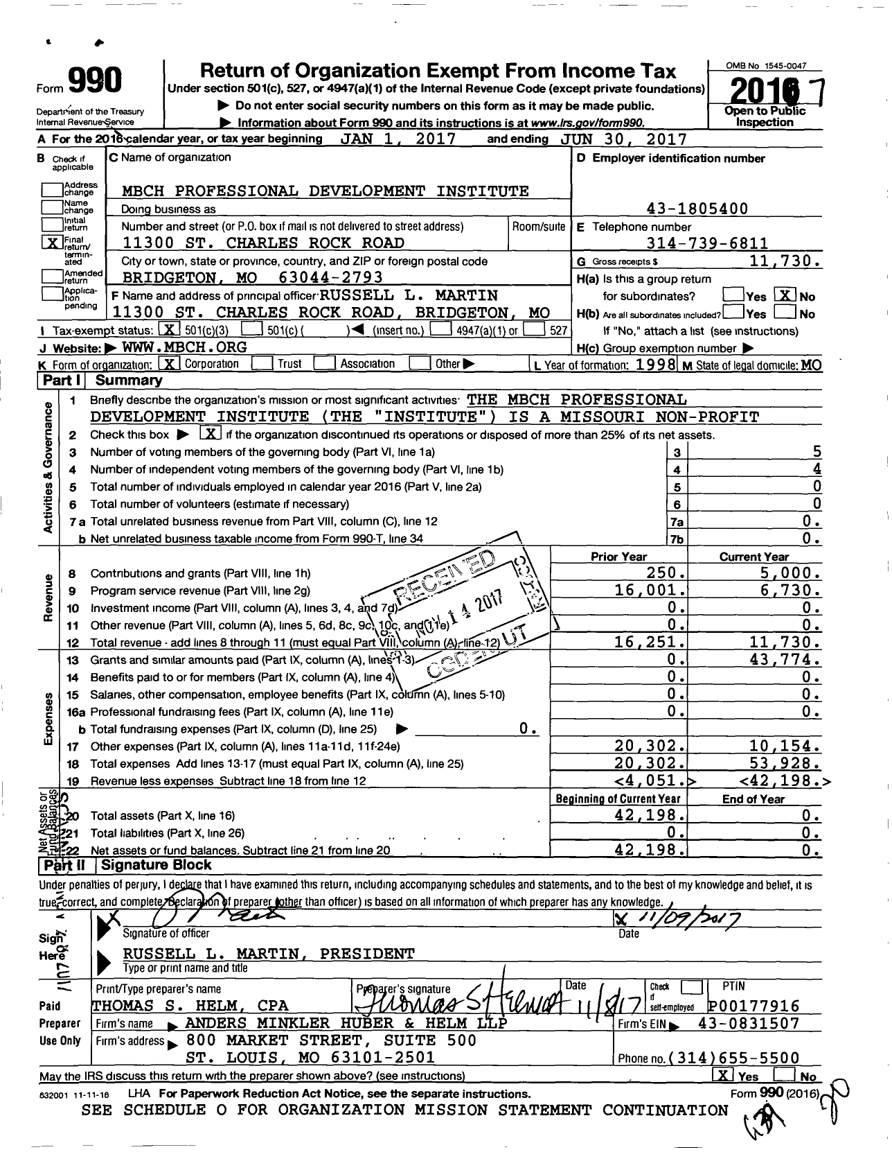 Image of first page of 2016 Form 990 for MBCH Professional Development Institute