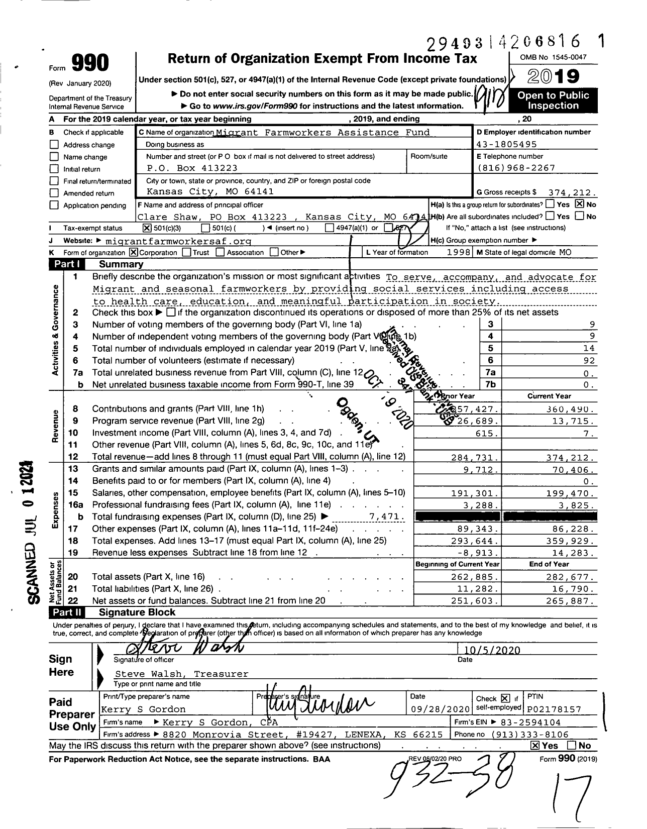 Image of first page of 2019 Form 990 for Migrant Farmworkers Assistance Fund