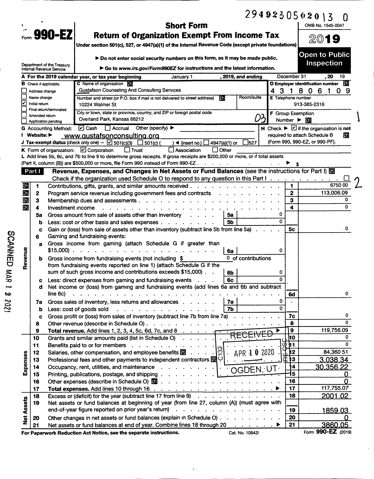 Image of first page of 2019 Form 990EO for Gustafson COUNSELING and CONSULTING