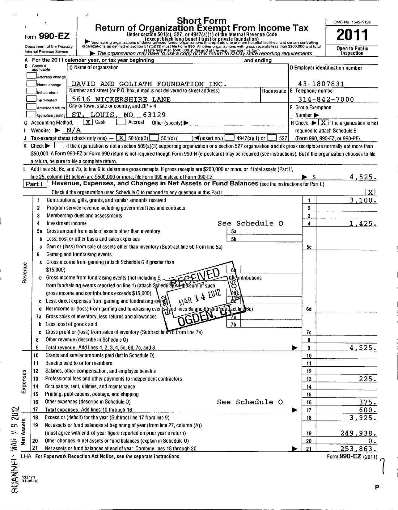 Image of first page of 2011 Form 990EZ for David Goliath Foundation