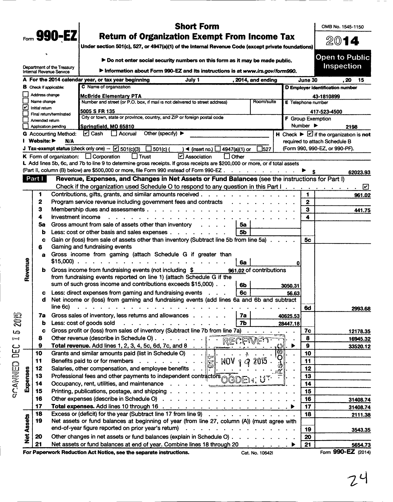 Image of first page of 2014 Form 990EZ for PTA Missouri Congress / Mcbride Elementary PTA