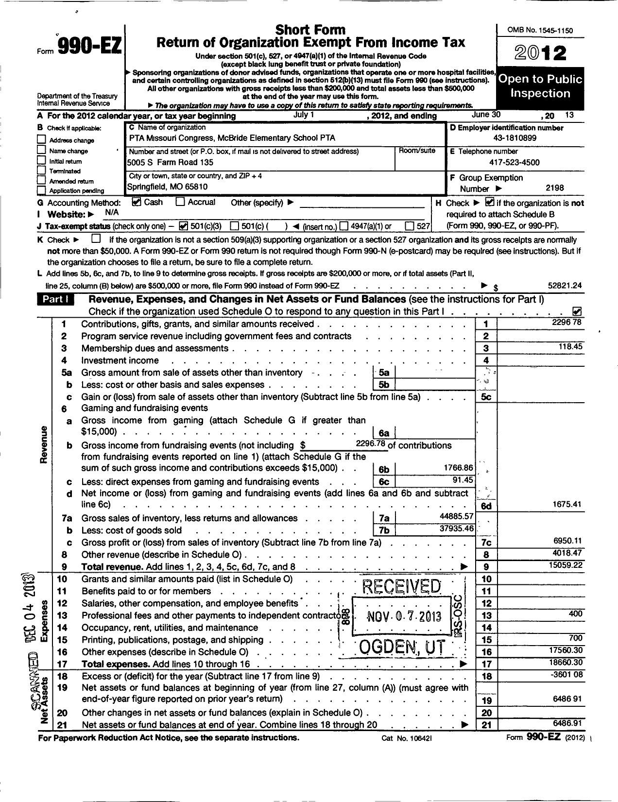 Image of first page of 2012 Form 990EZ for PTA Missouri Congress / Mcbride Elementary PTA