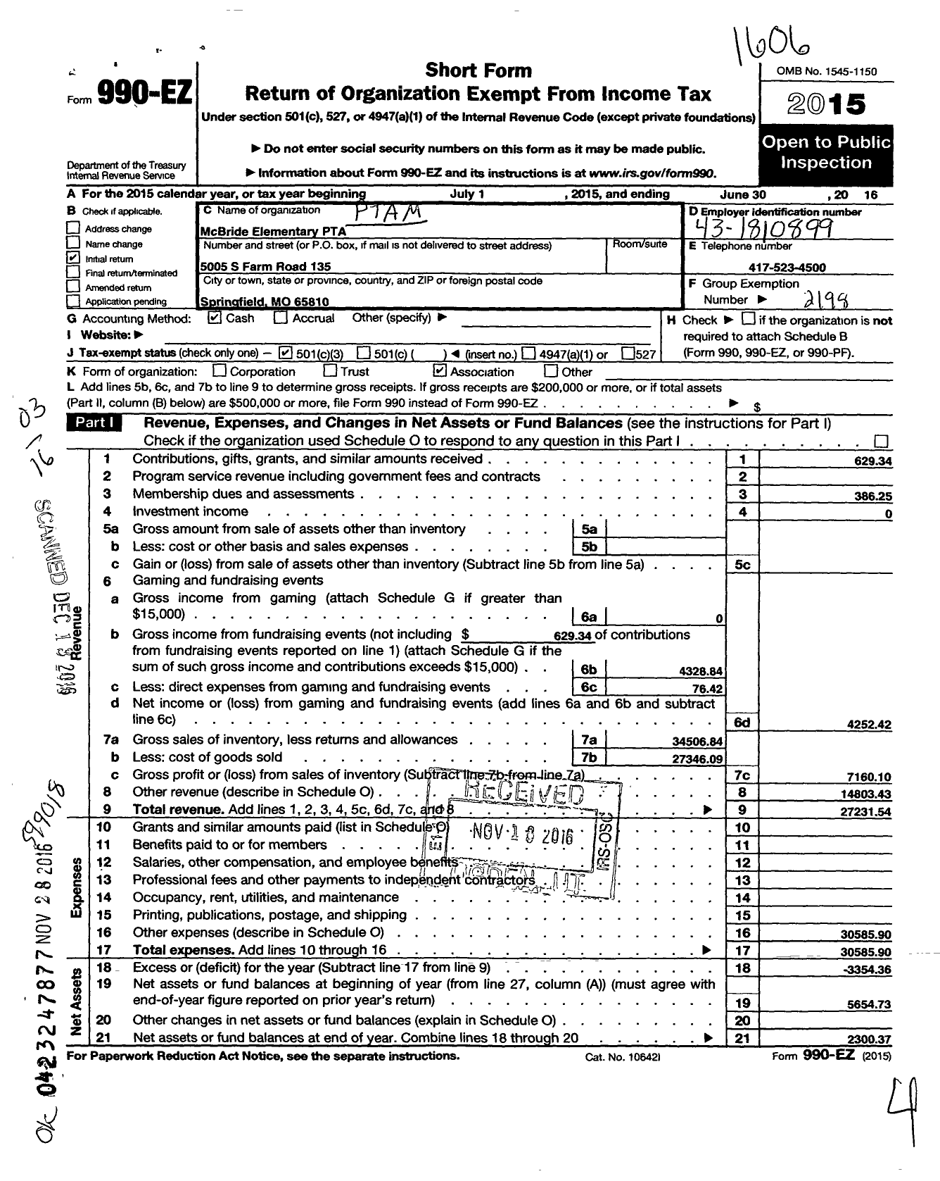 Image of first page of 2015 Form 990EZ for PTA Missouri Congress / Mcbride Elementary PTA