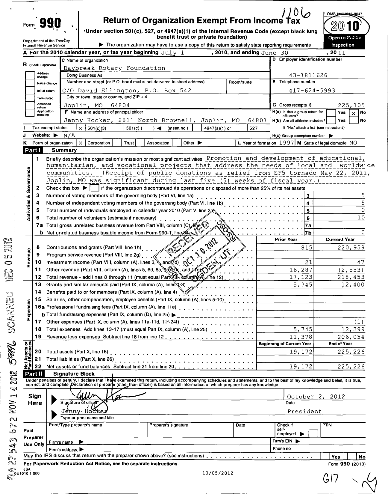 Image of first page of 2010 Form 990 for Daybreak Rotary Foundation