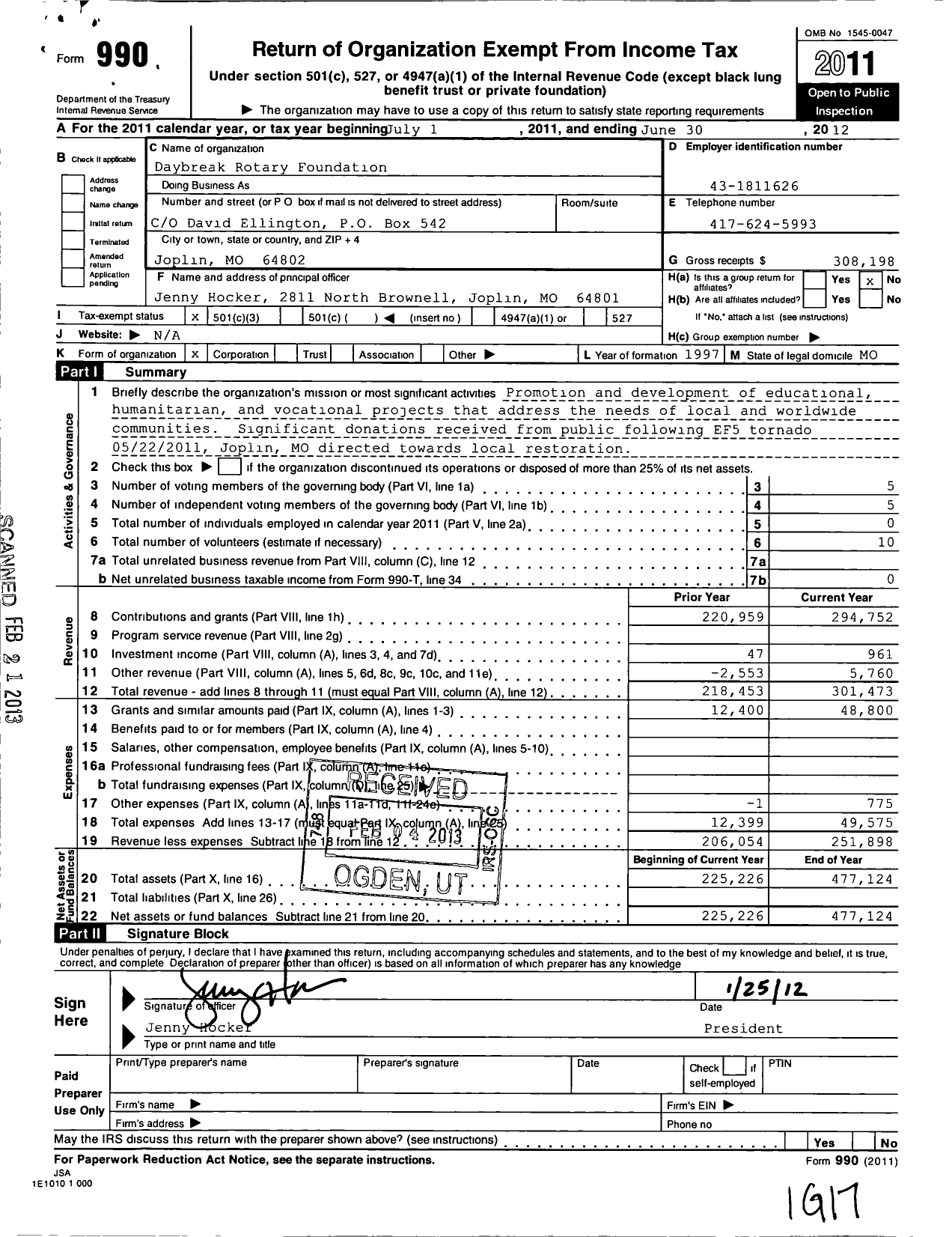 Image of first page of 2011 Form 990 for Daybreak Rotary Foundation