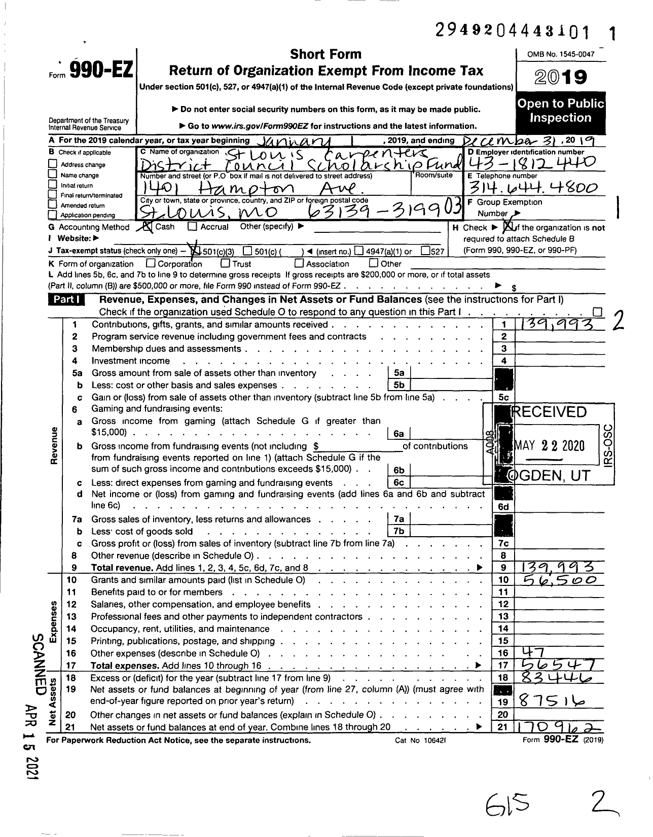 Image of first page of 2019 Form 990EZ for St Louis Carpenters District Council Scholarship Fund