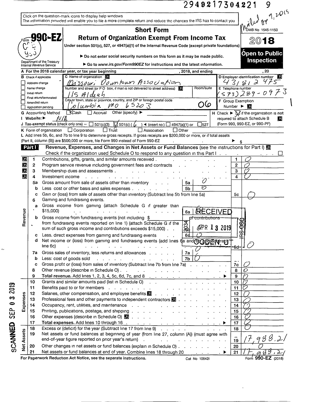Image of first page of 2018 Form 990EO for Missouri Downtown Association