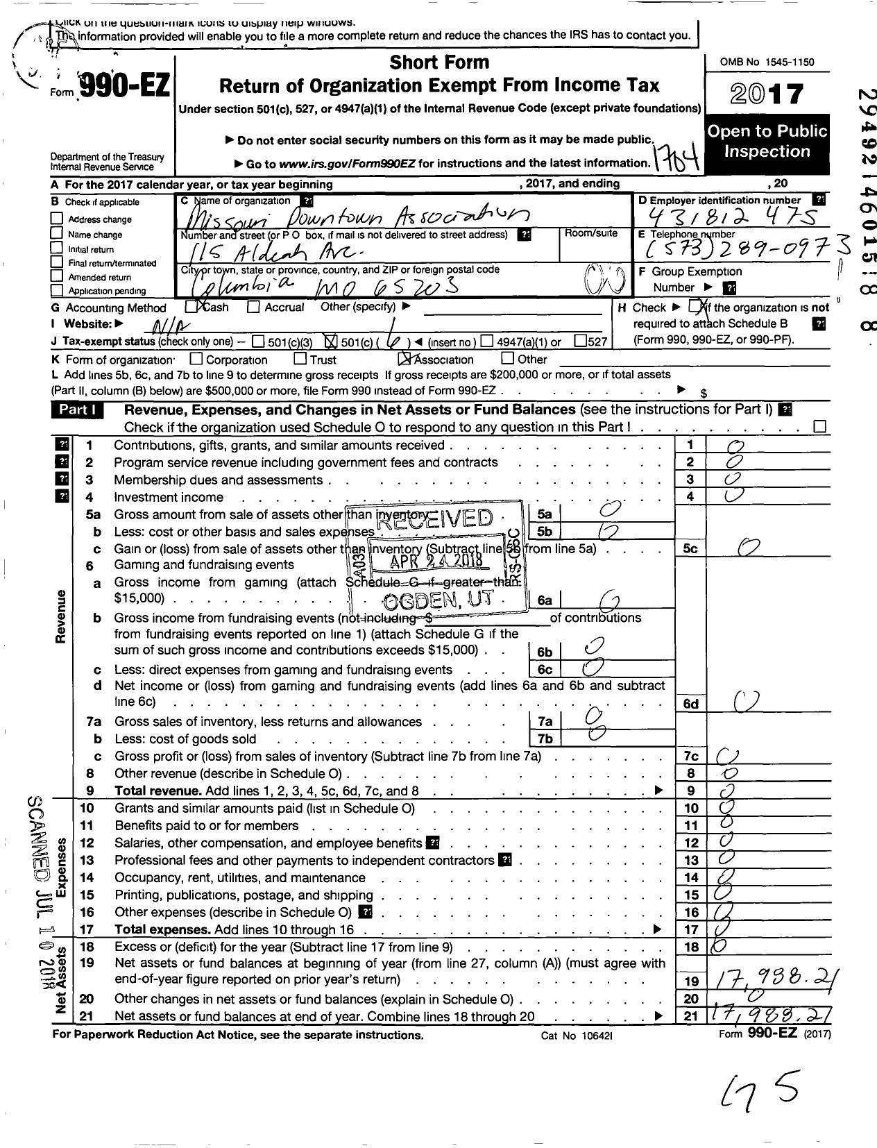 Image of first page of 2016 Form 990EO for Missouri Downtown Association