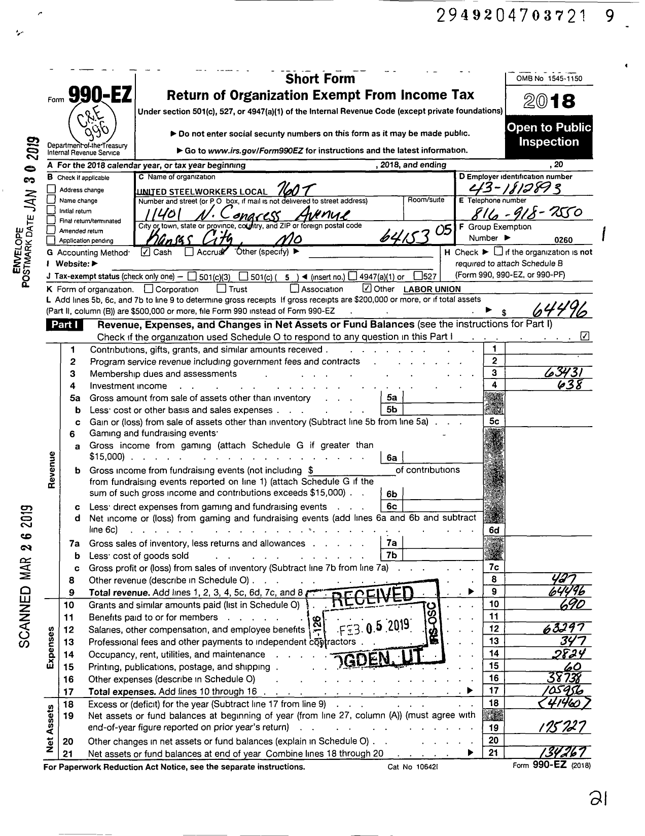 Image of first page of 2018 Form 990EO for United Steelworkers - 00760 Local