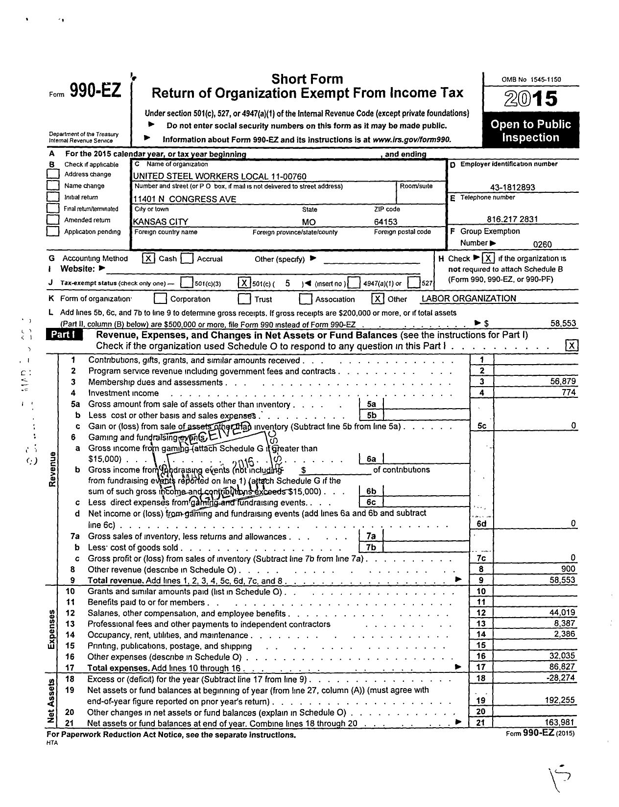 Image of first page of 2015 Form 990EO for United Steelworkers - 00760 Local