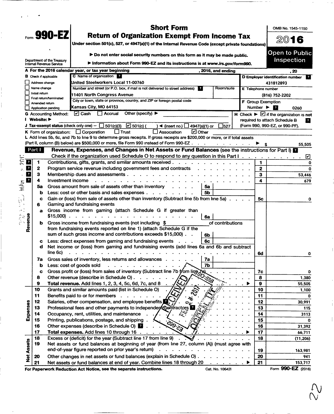 Image of first page of 2016 Form 990EO for United Steelworkers - 00760 Local