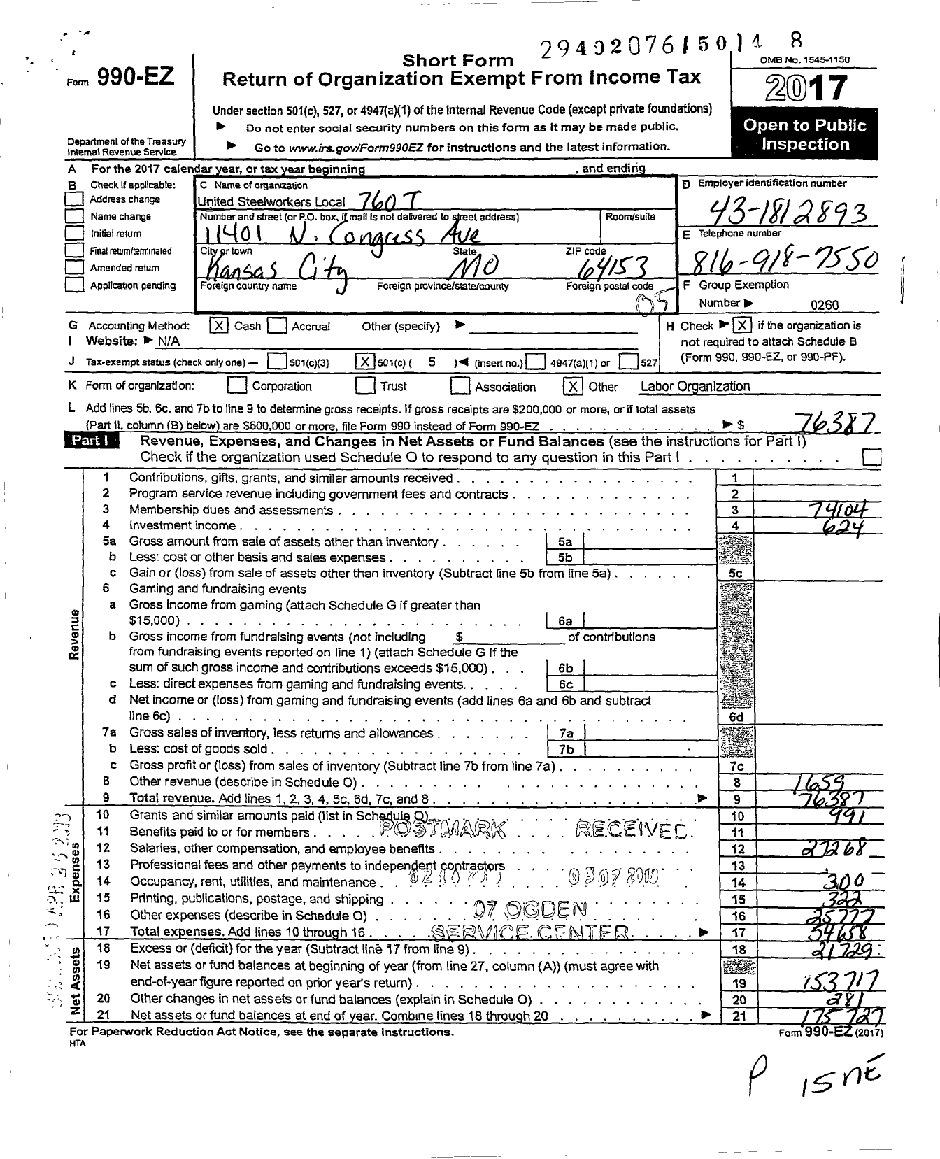 Image of first page of 2017 Form 990EO for United Steelworkers - 00760 Local