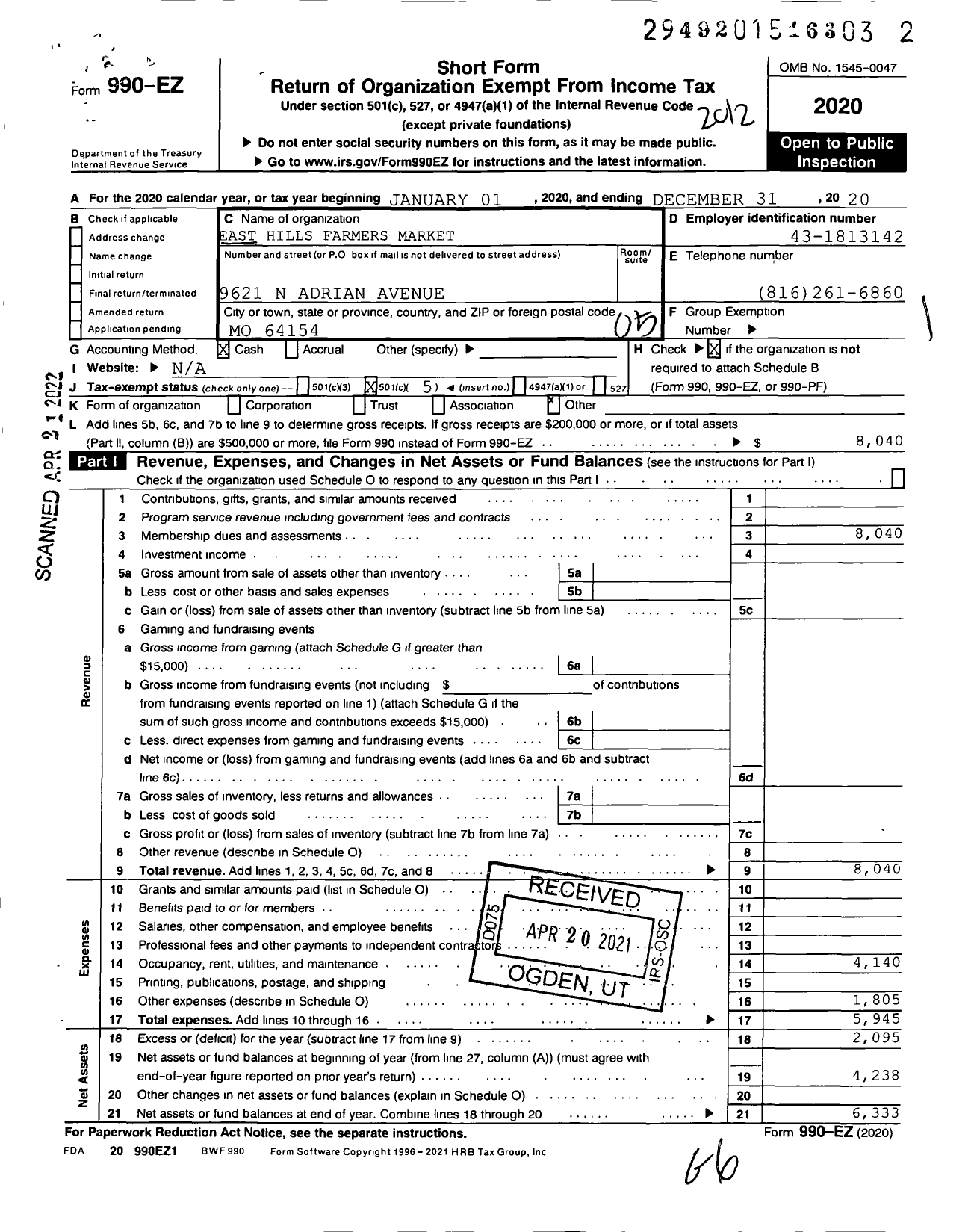 Image of first page of 2020 Form 990EO for East Hills Farmers Market