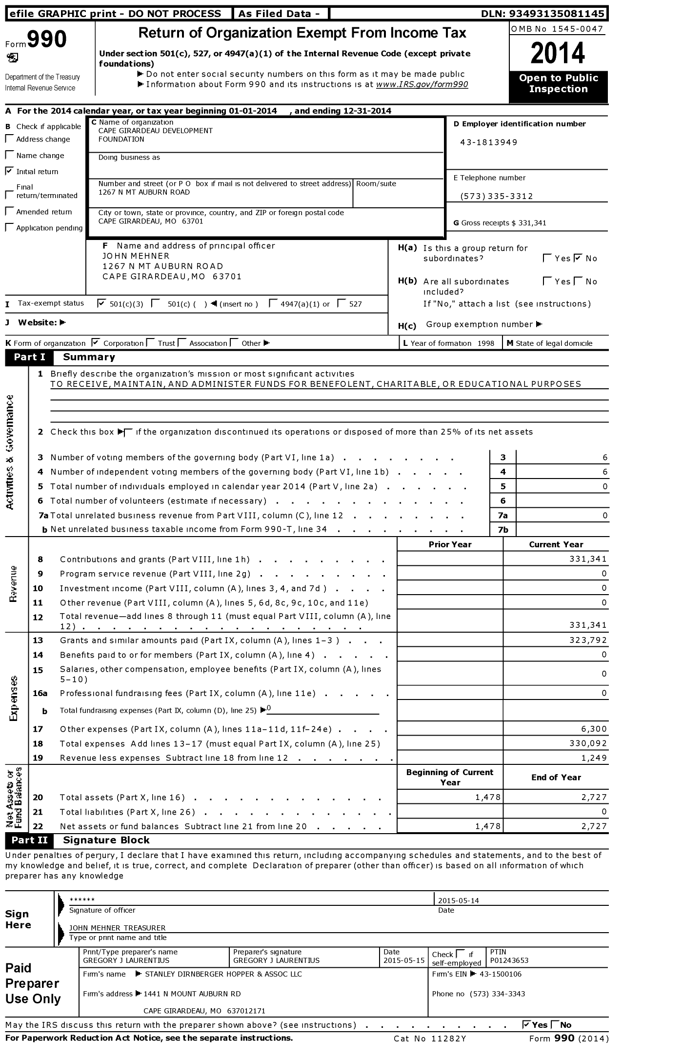 Image of first page of 2014 Form 990 for Cape Girardeau Development Foundation