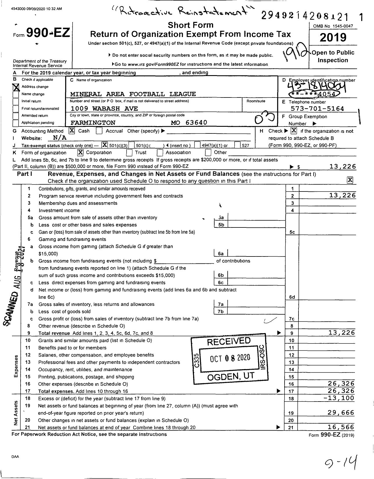 Image of first page of 2019 Form 990EZ for Mineral Area Football League