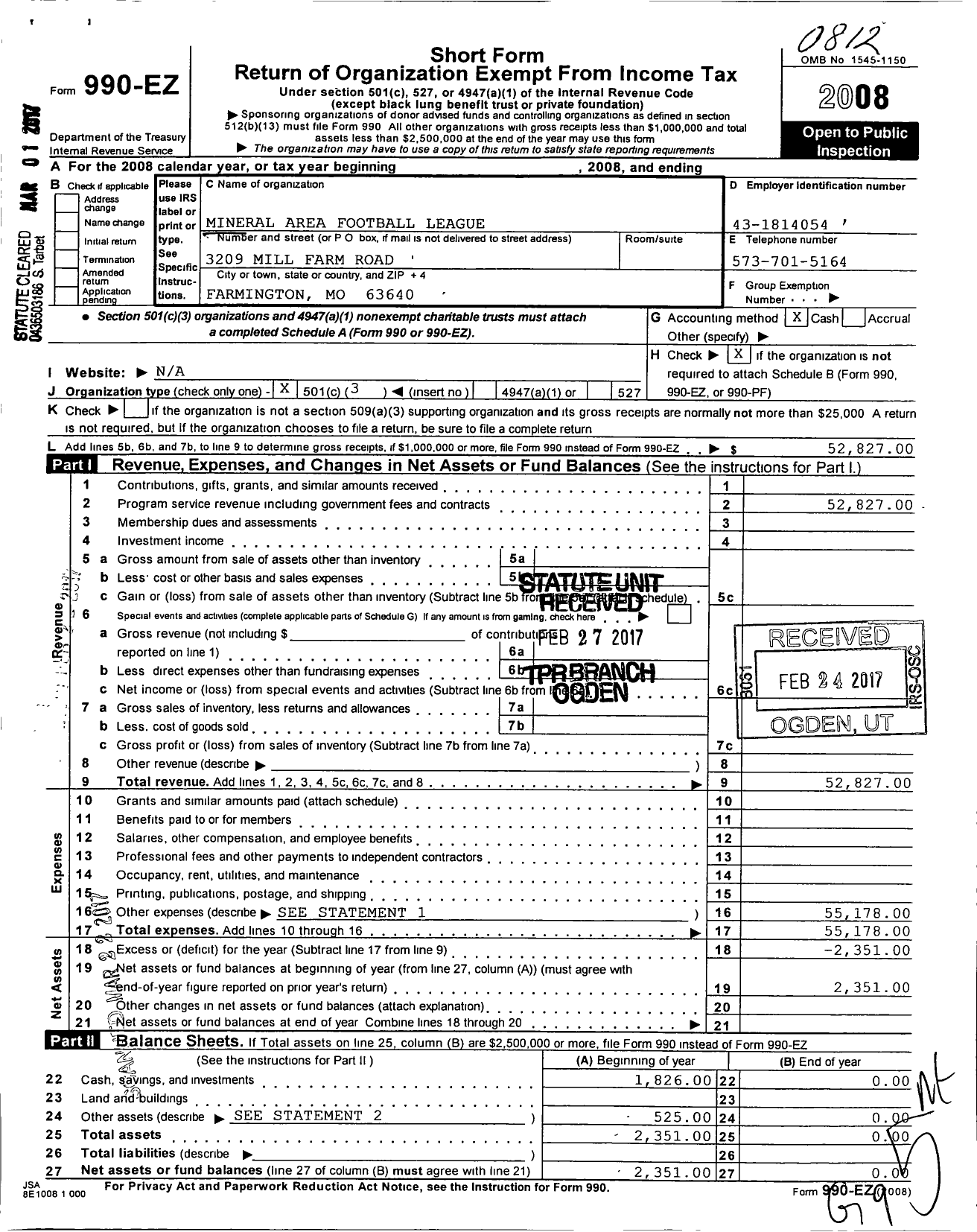 Image of first page of 2008 Form 990EZ for Mineral Area Football League