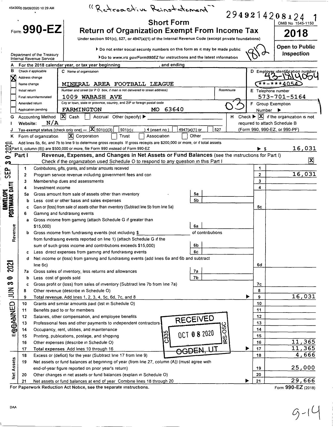 Image of first page of 2018 Form 990EZ for Mineral Area Football League