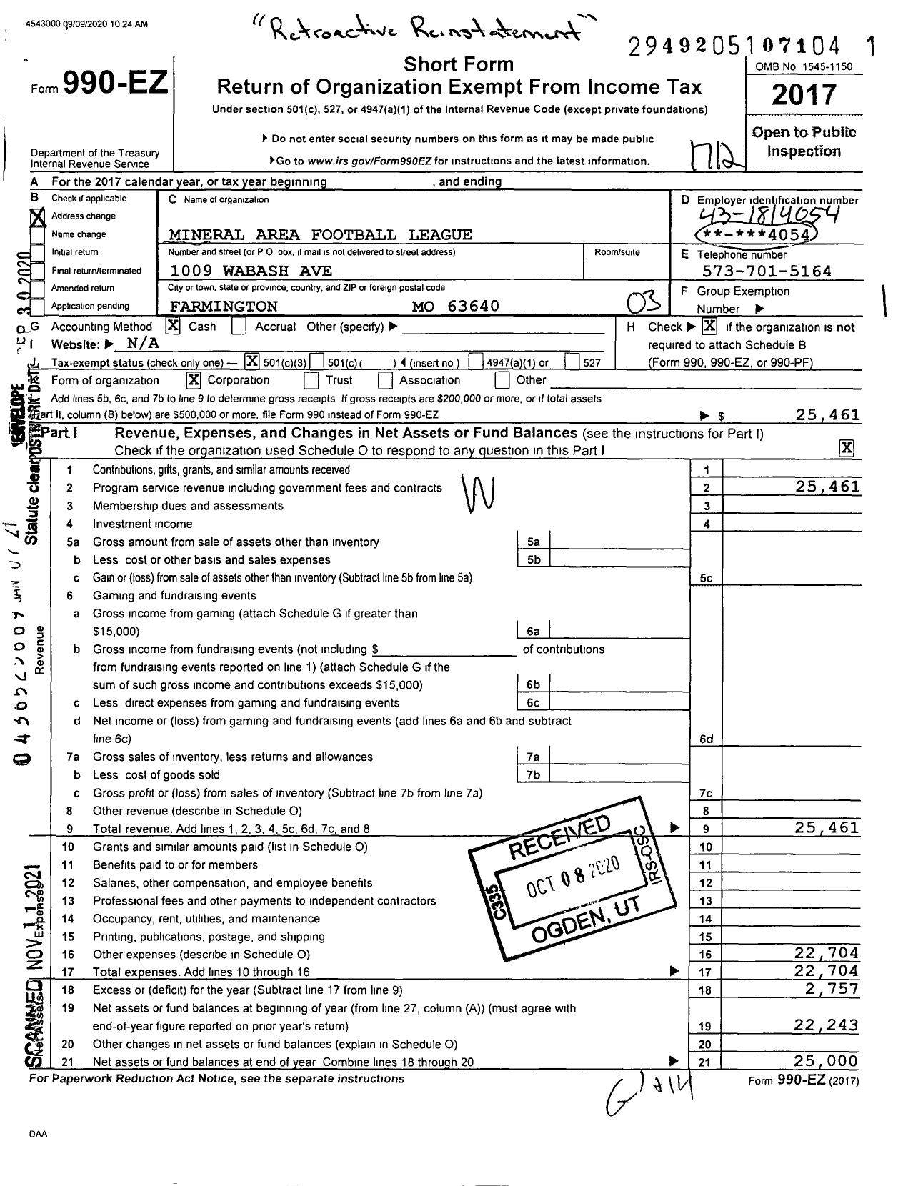 Image of first page of 2017 Form 990EZ for Mineral Area Football League