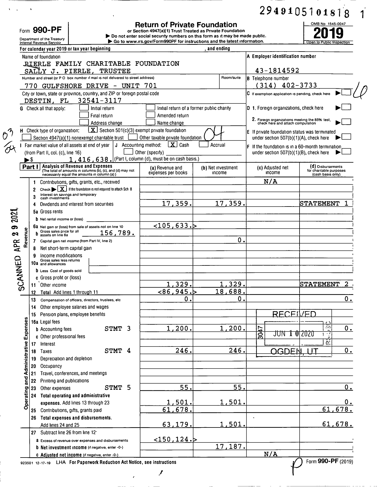 Image of first page of 2019 Form 990PF for Pierle Family Charitable Foundation Sally J Pierle Trustee