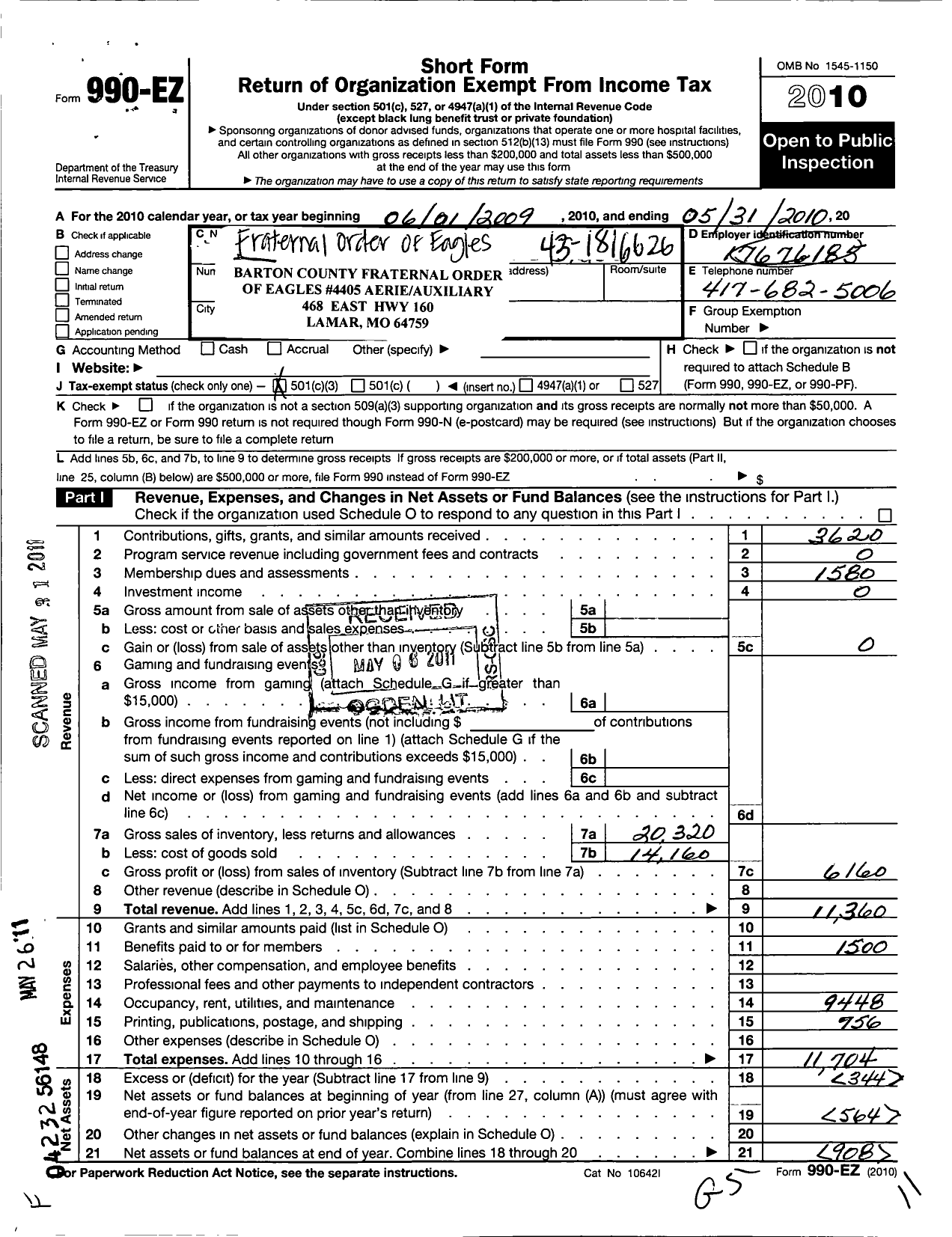 Image of first page of 2009 Form 990EZ for Fraternal Order of Eagles - 4405 Aerie