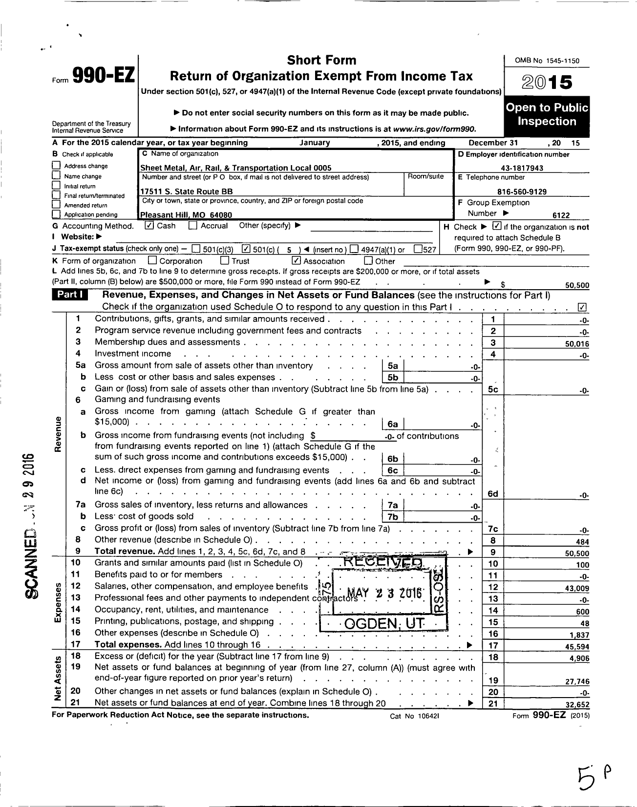 Image of first page of 2015 Form 990EO for Smart Union - 5 TD