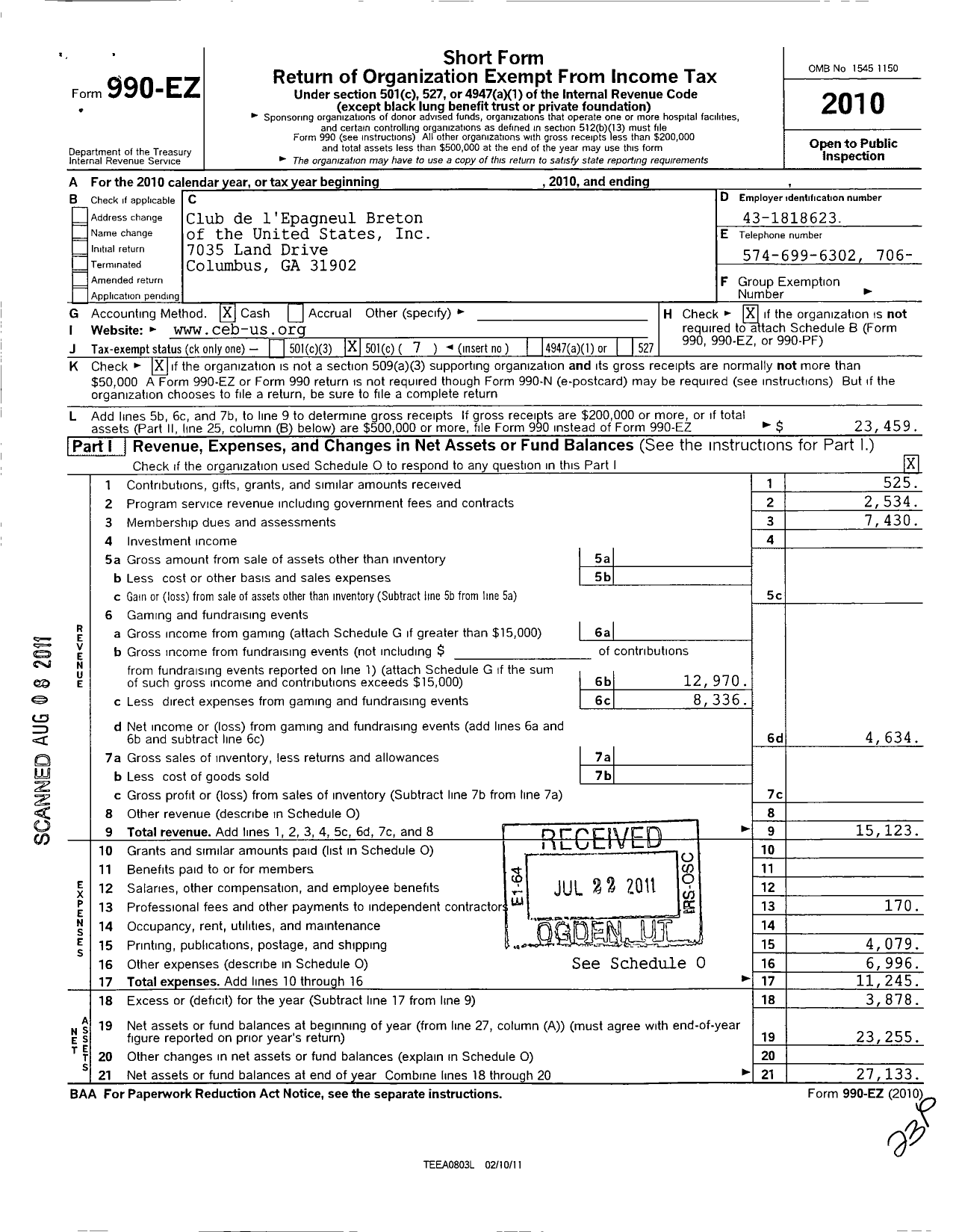 Image of first page of 2010 Form 990EO for Club de L Epagneul Breton of the United States