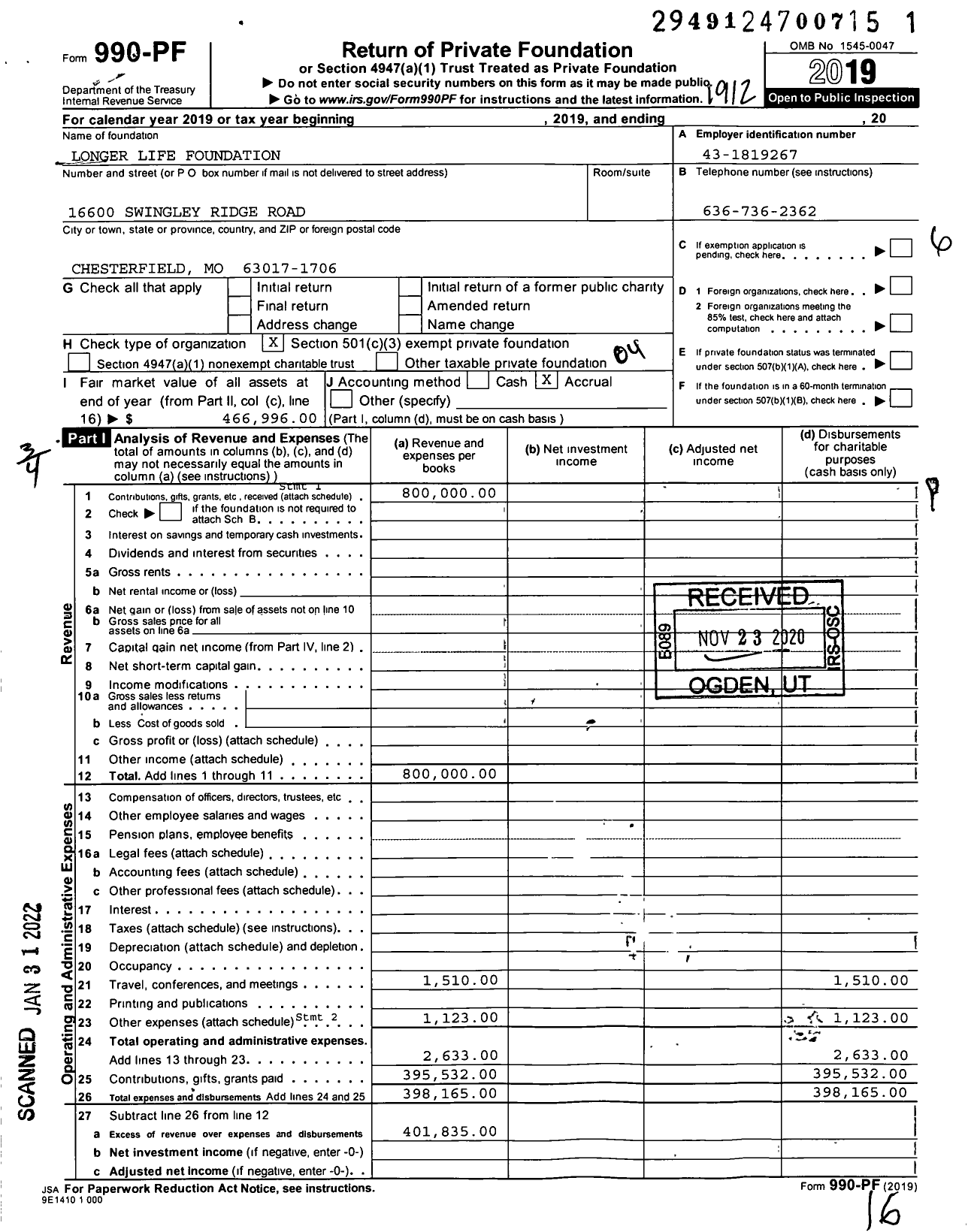 Image of first page of 2019 Form 990PF for Longer Life Foundation