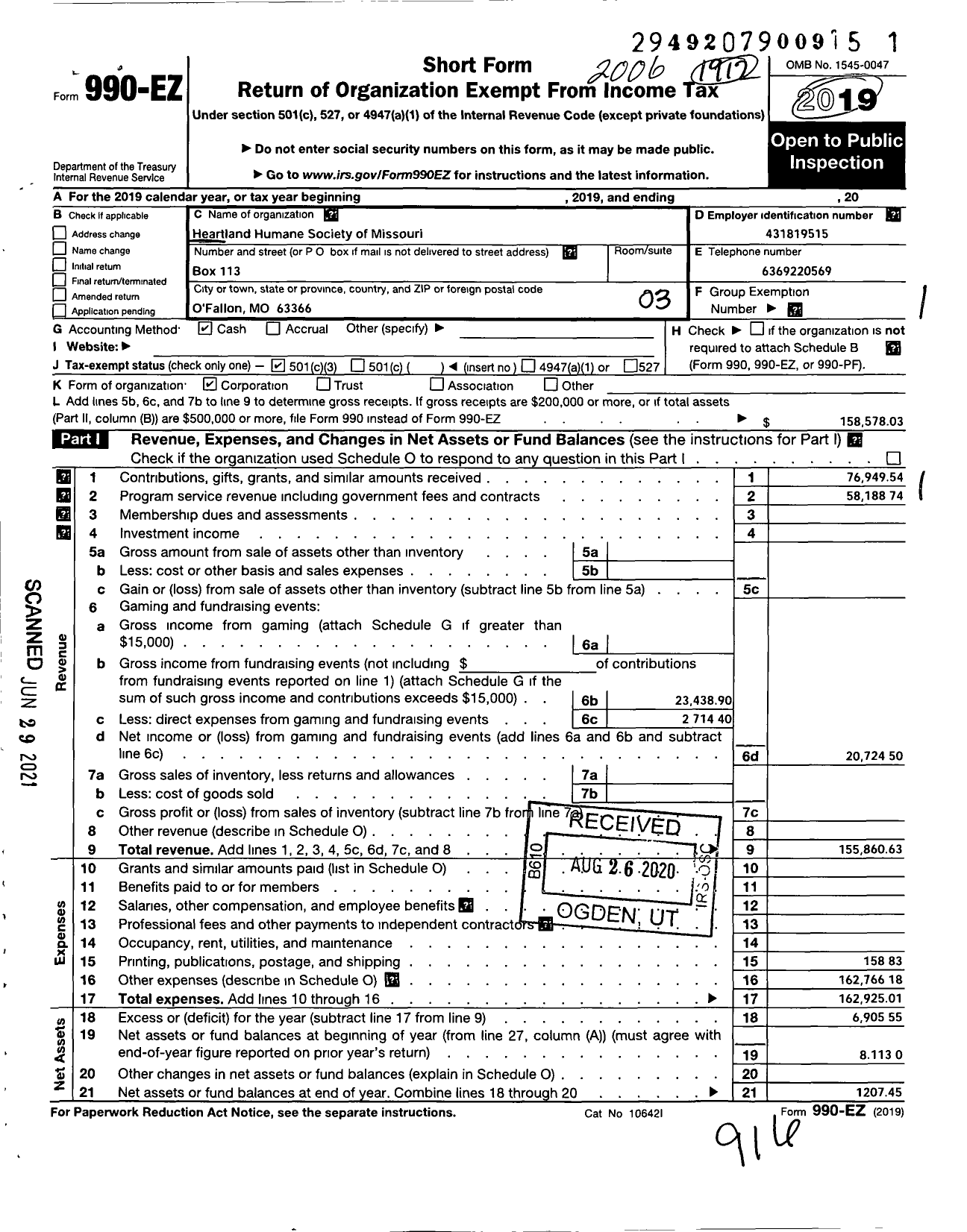 Image of first page of 2019 Form 990EZ for Heartland Humane Society of Missouri