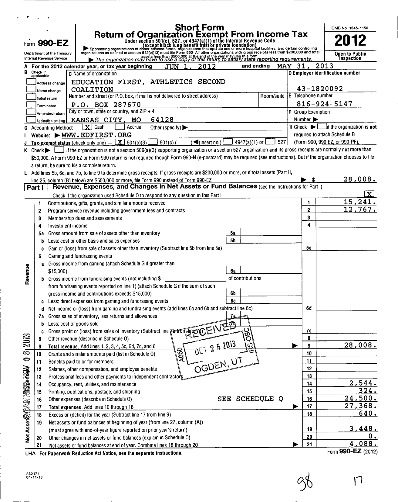 Image of first page of 2012 Form 990EZ for Education First Athletics Second Coalition