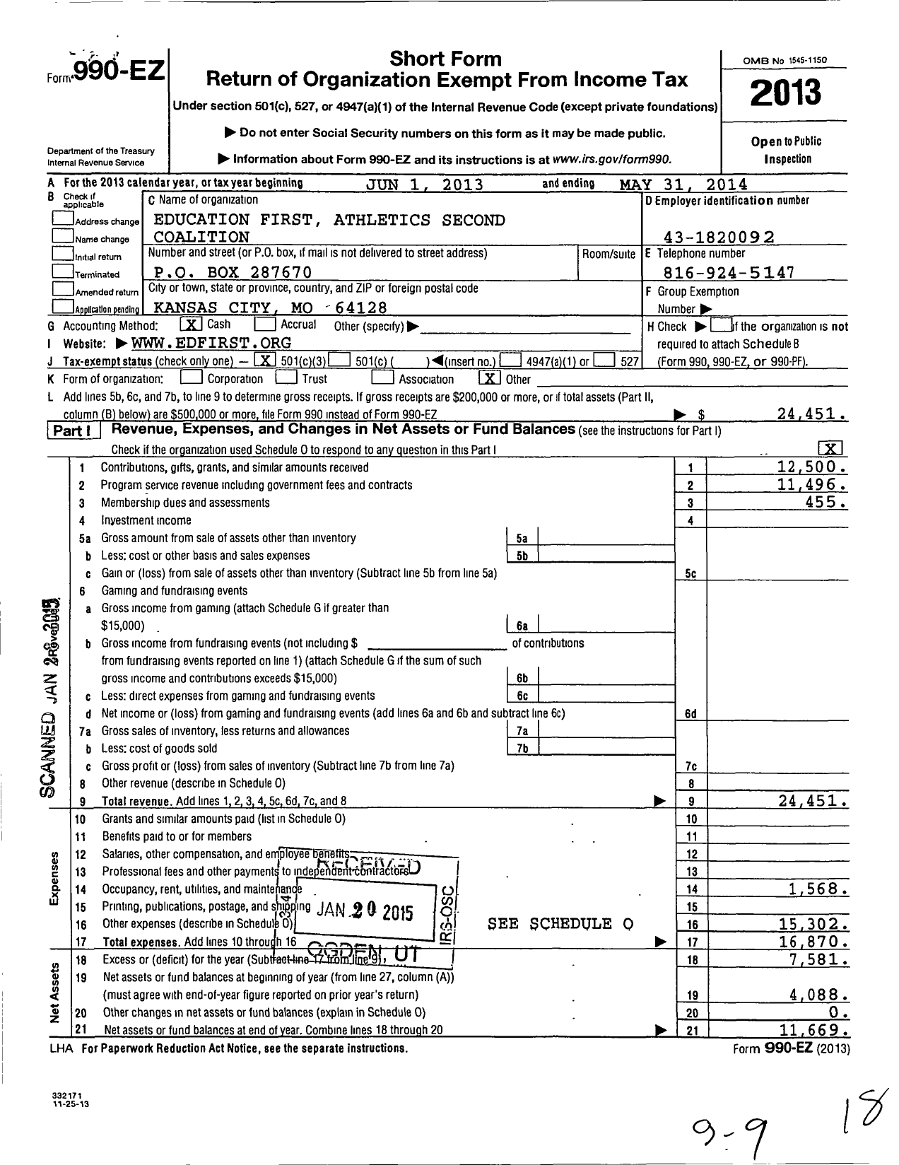 Image of first page of 2013 Form 990EZ for Education First Athletics Second Coalition