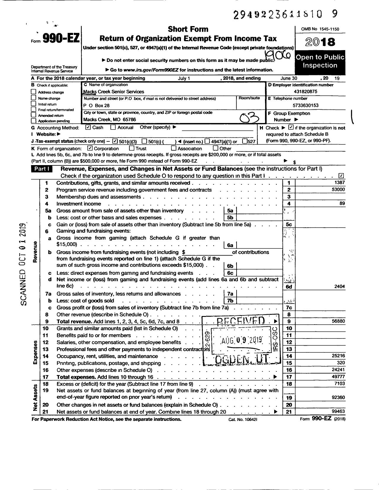 Image of first page of 2018 Form 990EZ for Macks Creek Senior Services