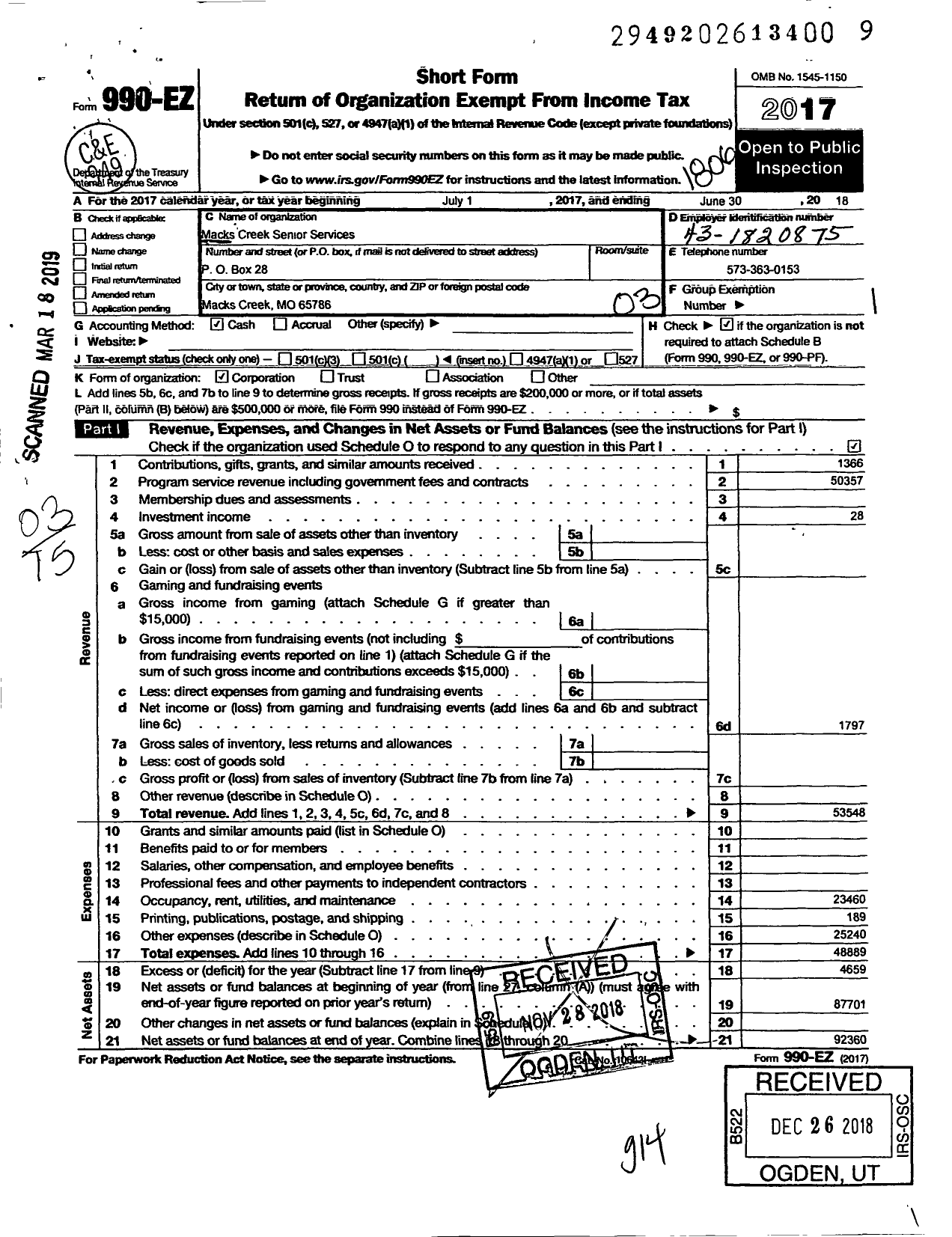 Image of first page of 2017 Form 990EZ for Macks Creek Senior Services