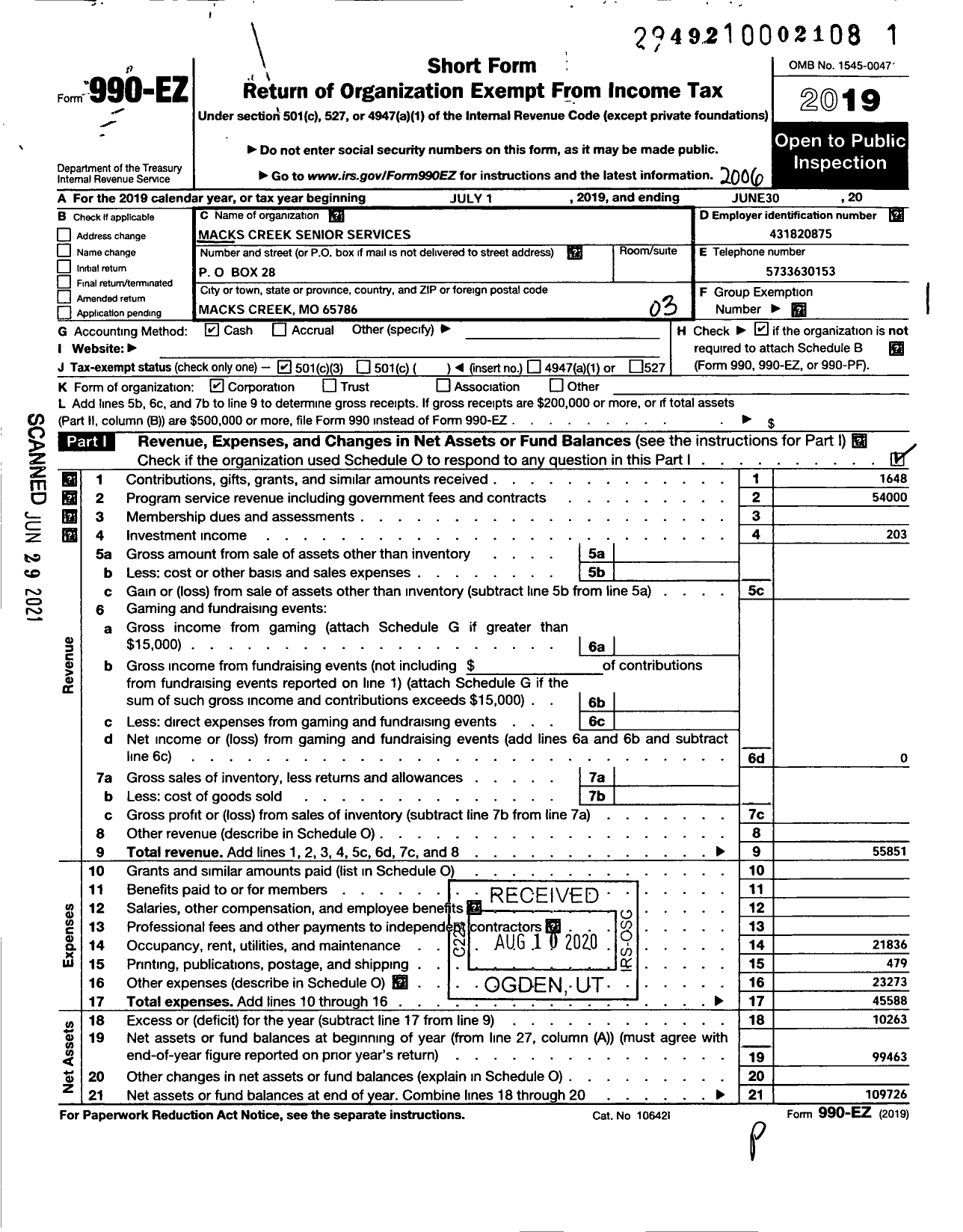 Image of first page of 2019 Form 990EZ for Macks Creek Senior Services