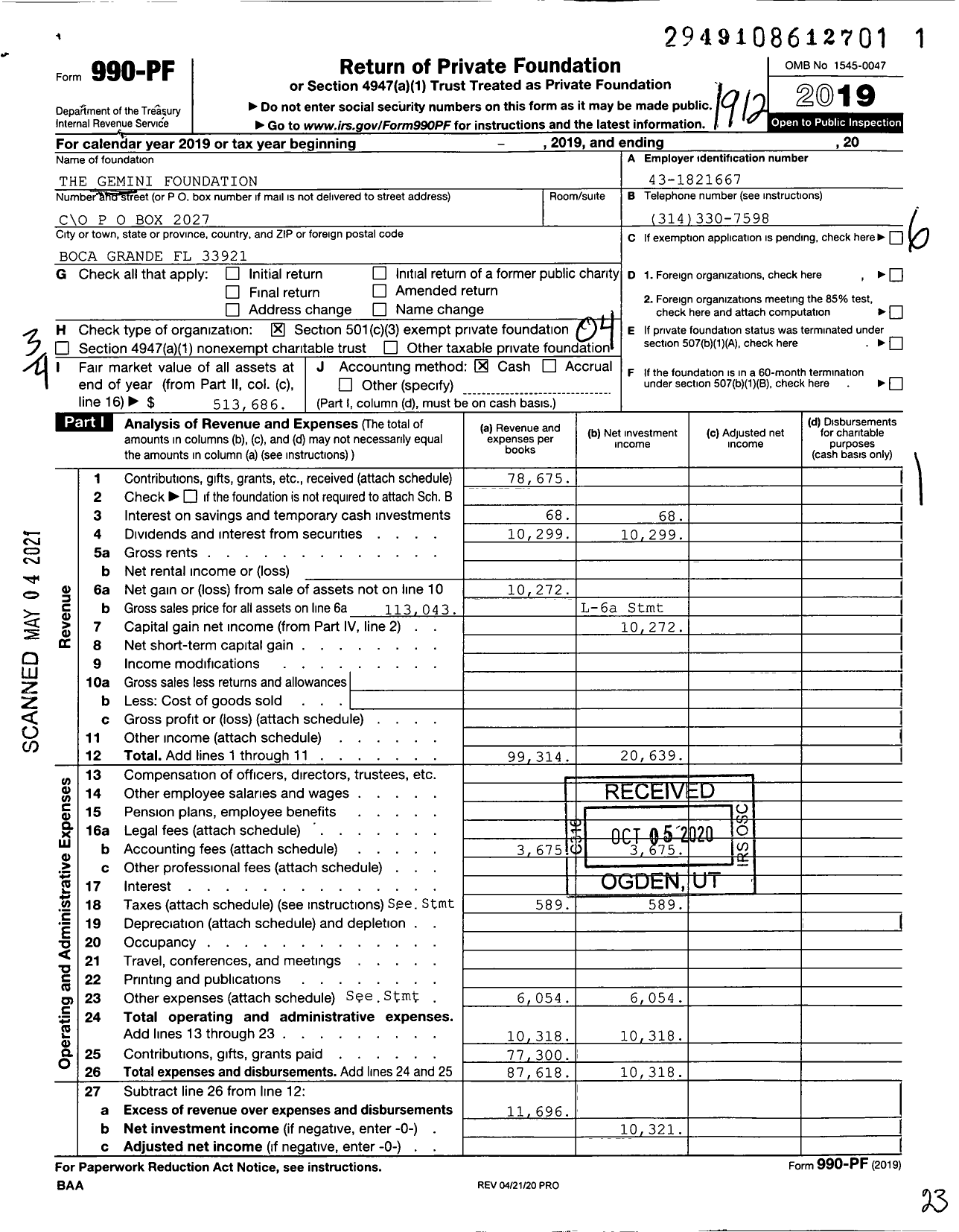Image of first page of 2019 Form 990PF for The Gemini Foundation