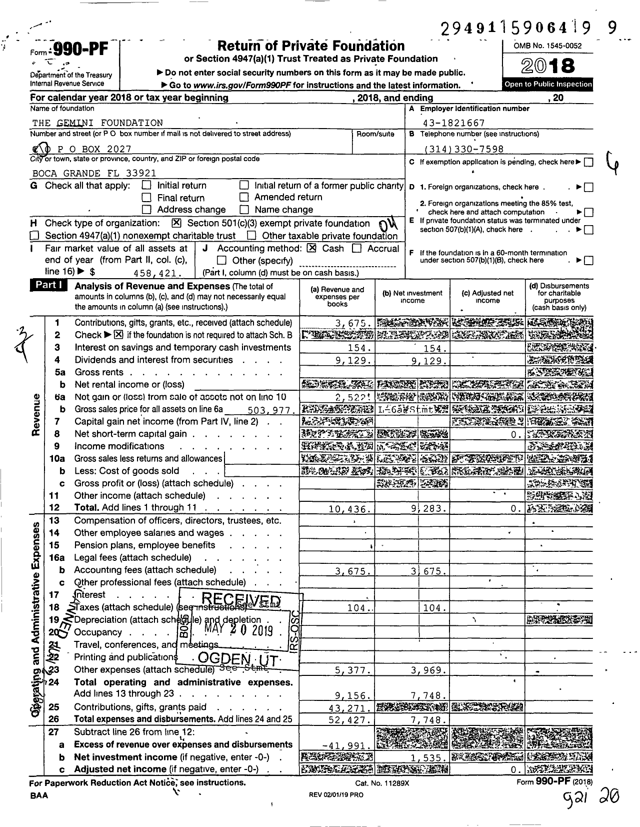 Image of first page of 2018 Form 990PF for The Gemini Foundation