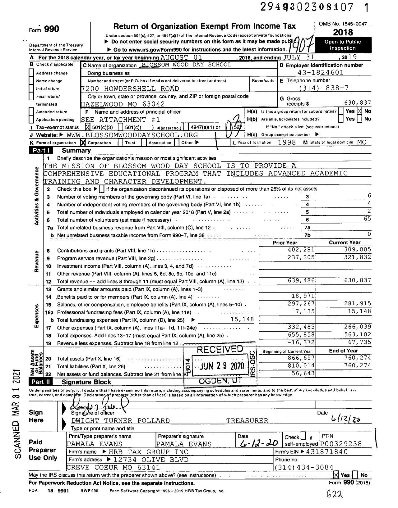 Image of first page of 2018 Form 990 for Blossom Wood Day School