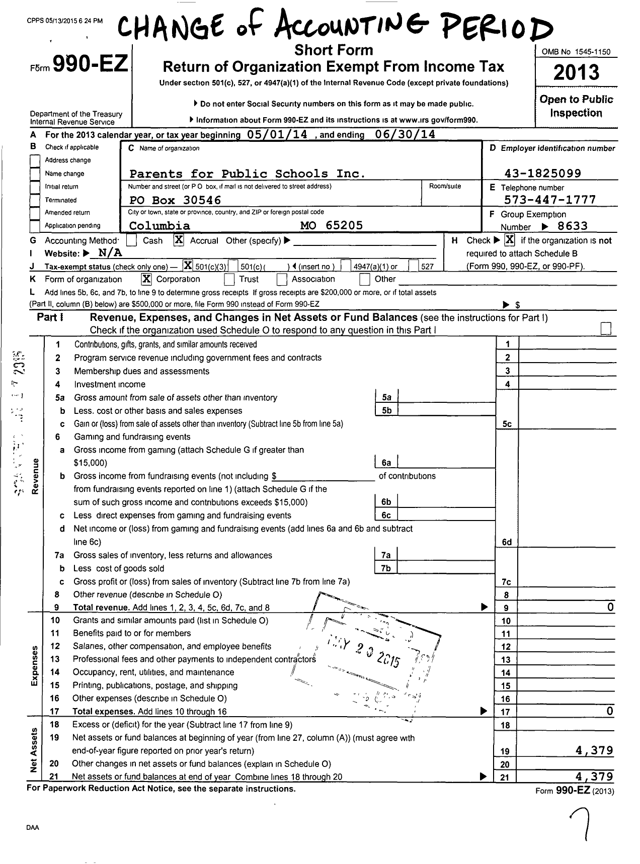 Image of first page of 2013 Form 990EZ for Parents for Public Schools