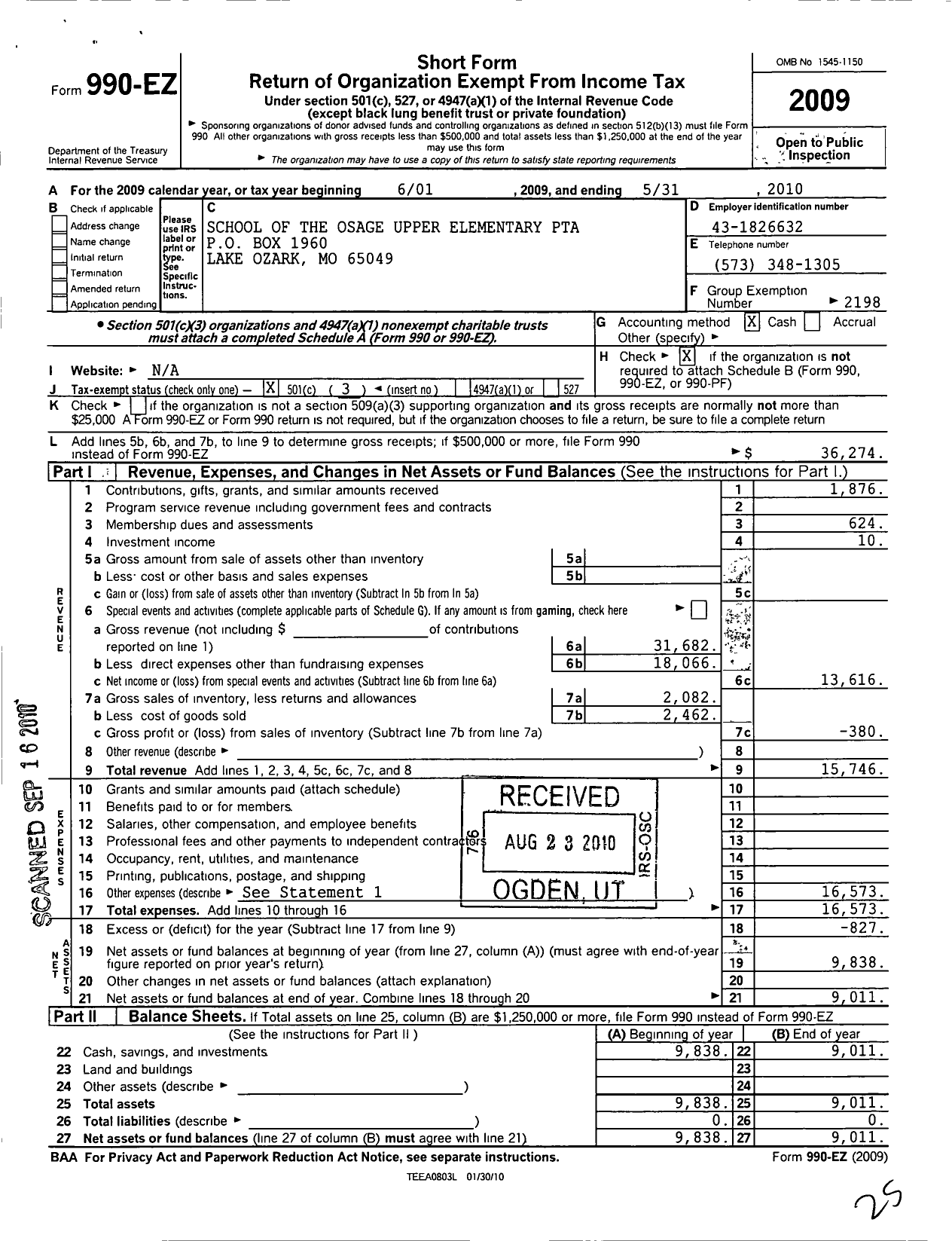 Image of first page of 2009 Form 990EZ for PTA Missouri Congress / School of the Osage Upper Elem PTA