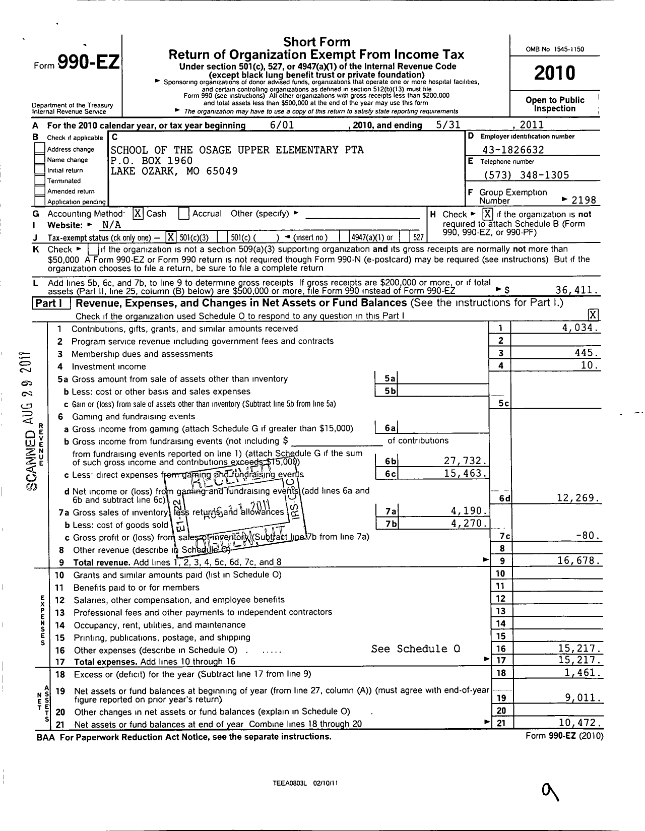 Image of first page of 2010 Form 990EZ for PTA Missouri Congress / School of the Osage Upper Elem PTA