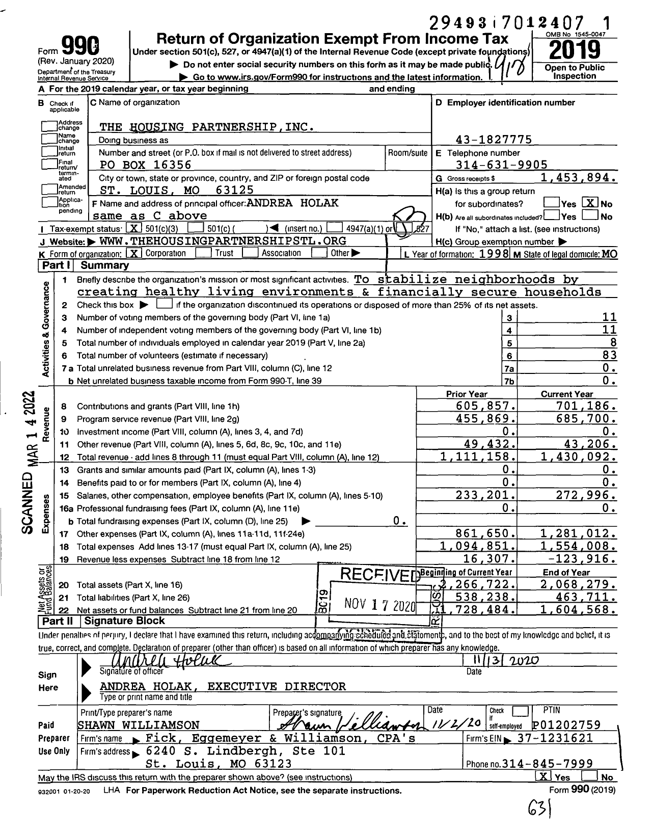 Image of first page of 2019 Form 990 for The Housing Partnership