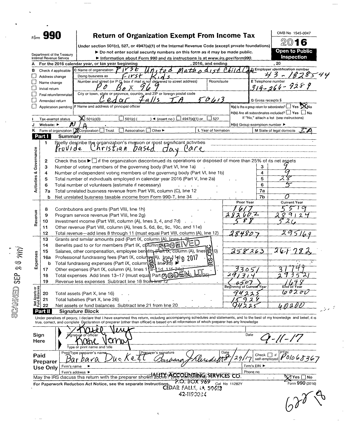 Image of first page of 2016 Form 990 for First United Methodist Child Care First Kids